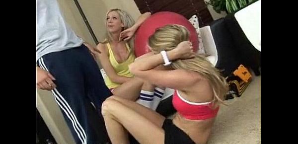  Blonde teen gets a cock lesson from milf and traine